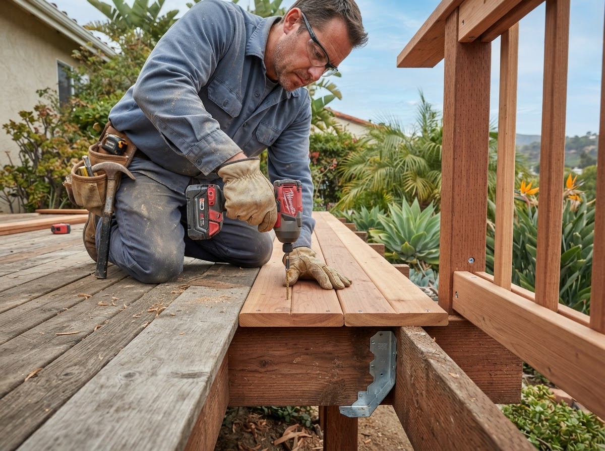 Carpenter repairing weathered deck boards and railing components