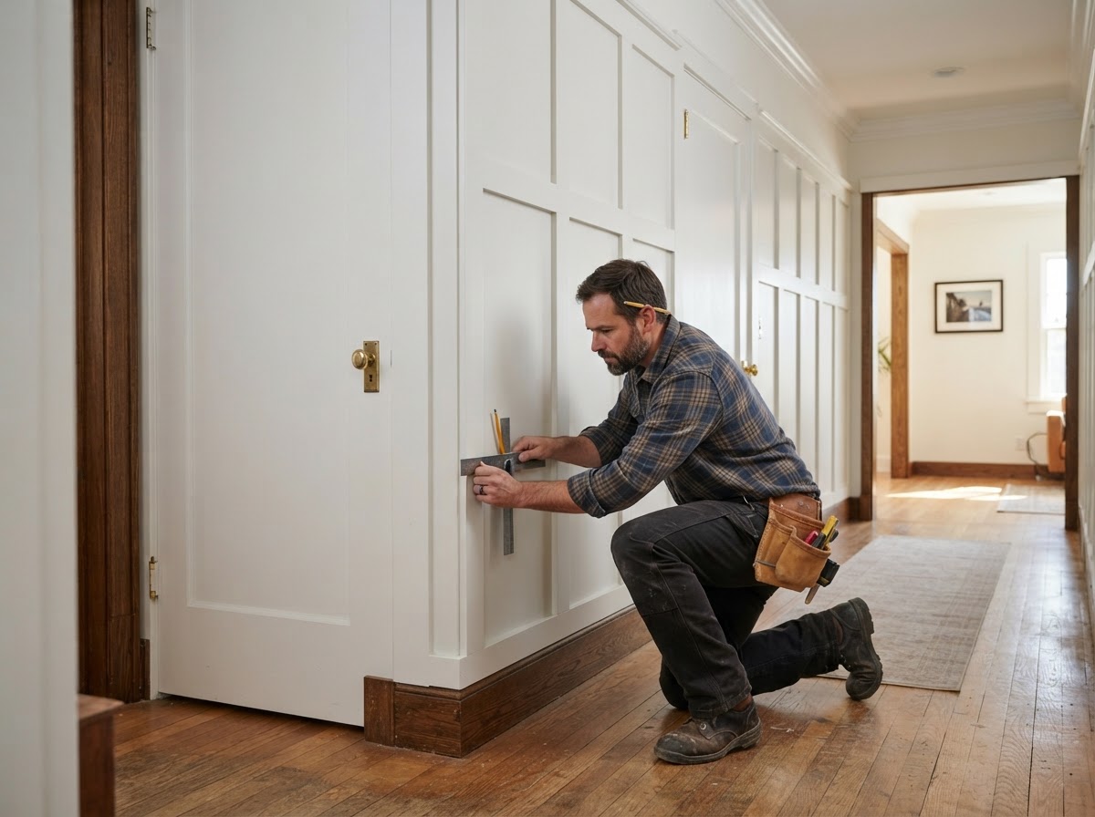 Full-height decorative wall paneling in a hallway with carpenter checking panel spacing against existing baseboards and casing