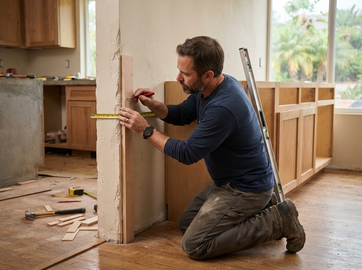 Carpenter measuring and aligning custom cabinets for a Temple City project