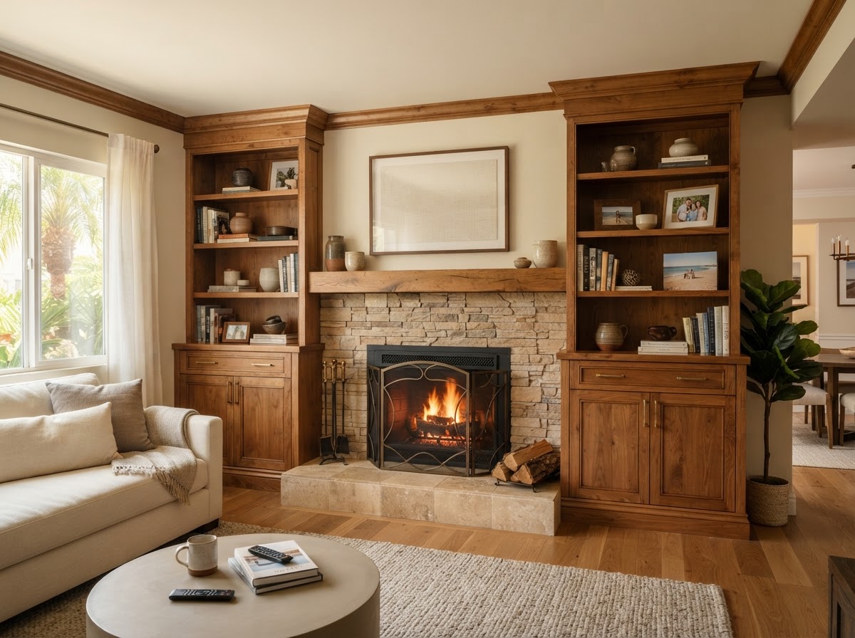 Custom built-in cabinetry in an El Monte living room with floor-to-ceiling shelving and lower cabinets fitted to the wall