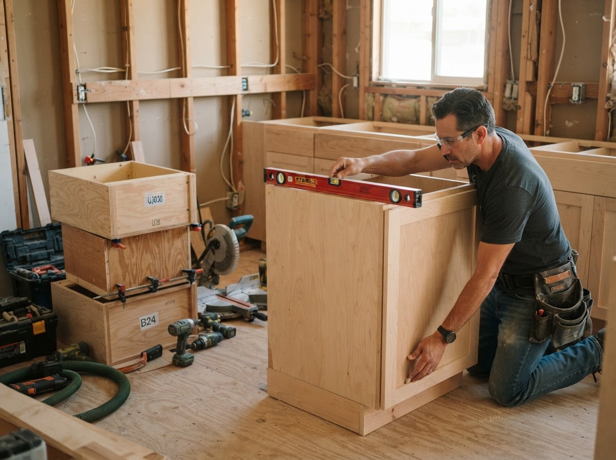 Cabinet boxes being installed and leveled during a kitchen cabinetry project with wall studs visible