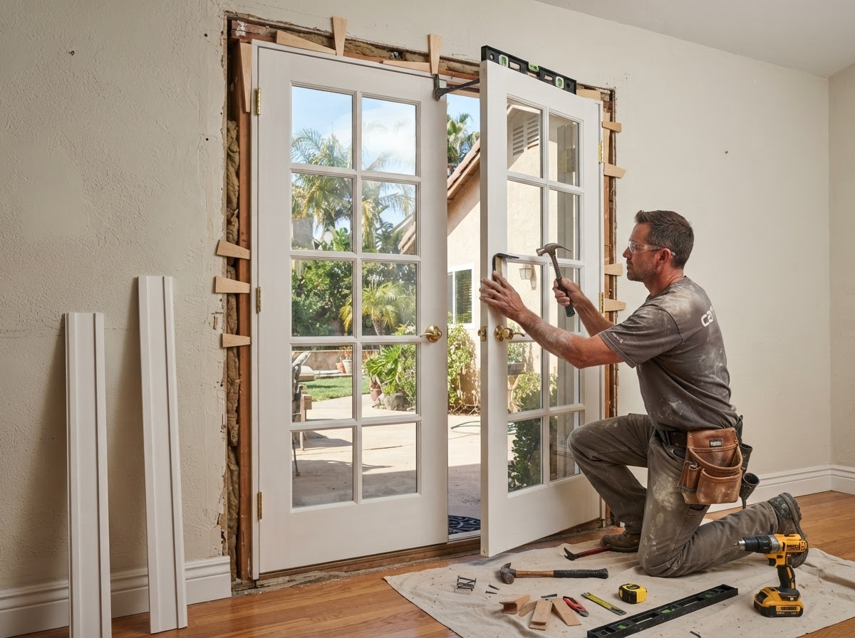 Double-door replacement with carpenter aligning a pair of French doors in an existing opening