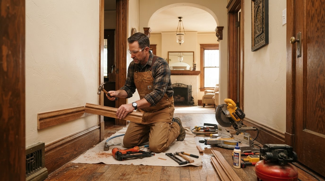 Built-in storage cabinetry that works with existing room architecture in a Monrovia home