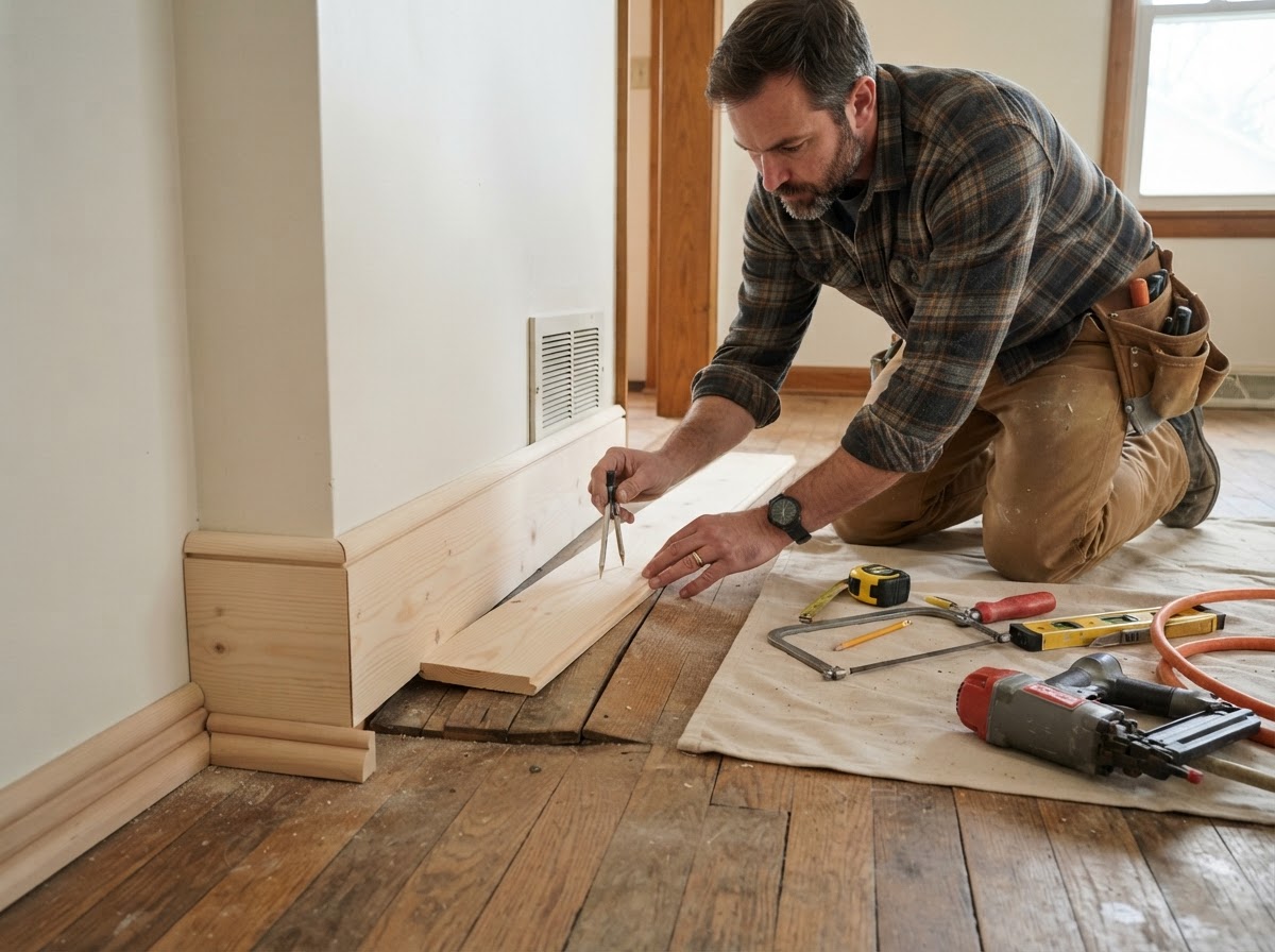 Baseboard installation with cope joints and shoe molding along a residential floor