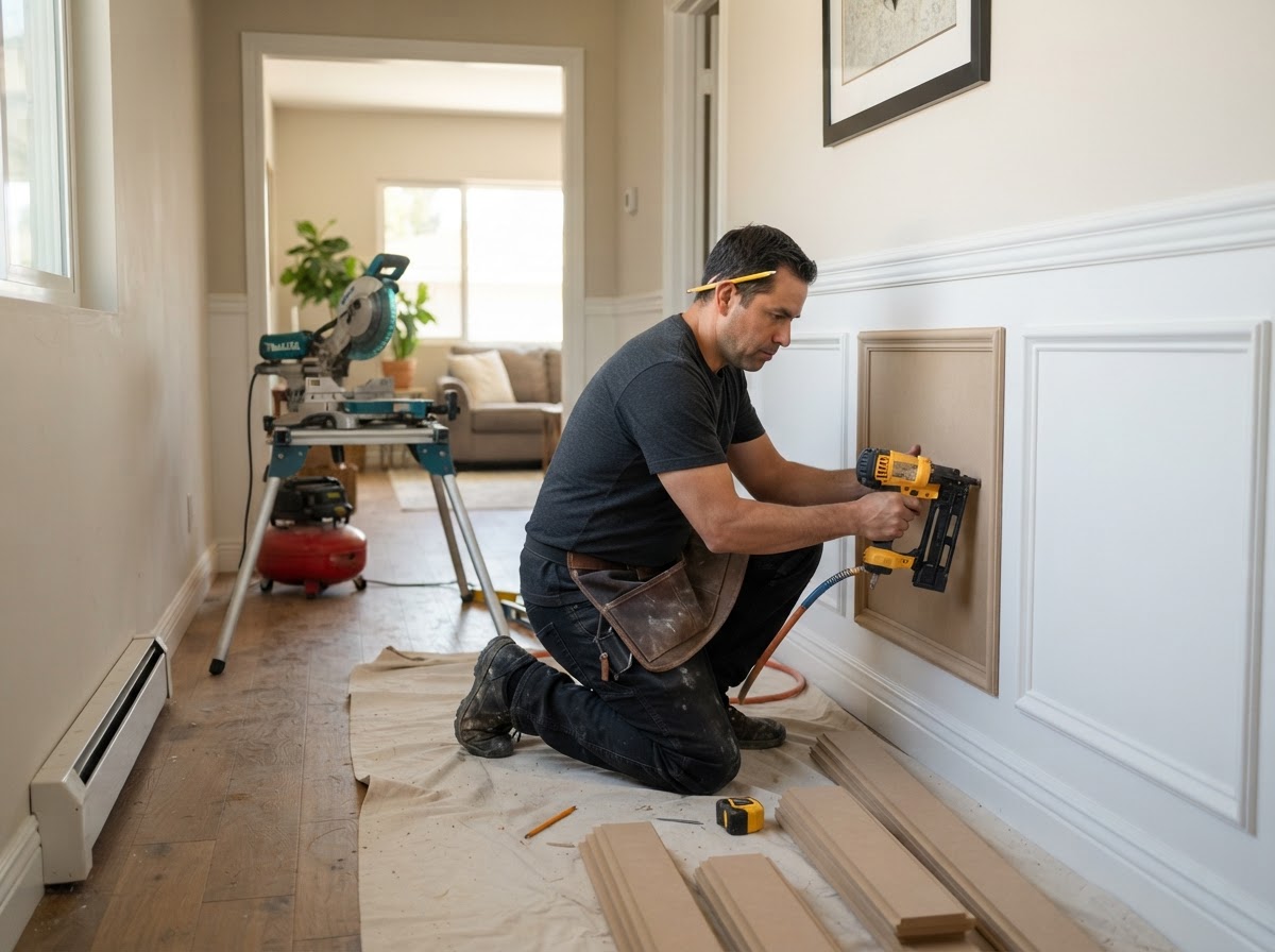 Wainscoting installation in an El Monte home with carpenter installing MDF wainscoting with rails, stiles and panel molding
