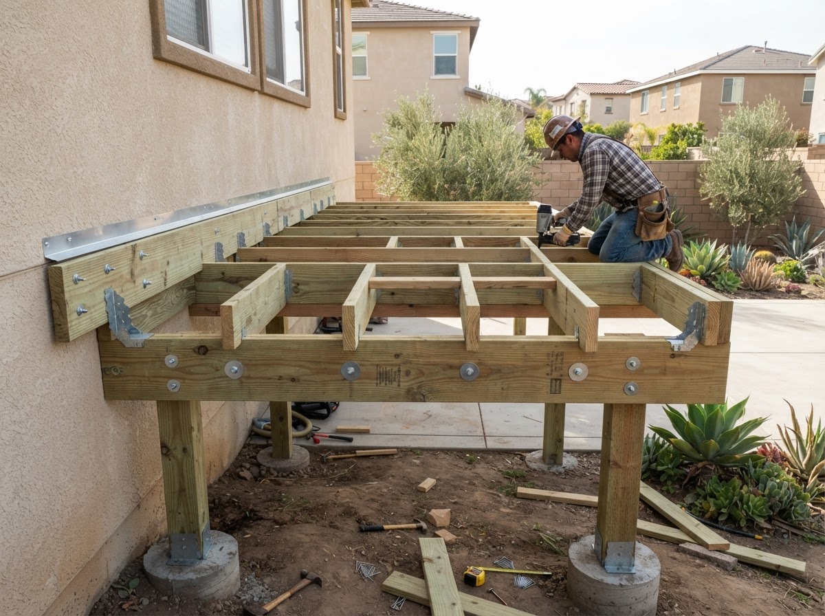 Deck framing showing joists, a ledger board, beams, and joist hangers during construction