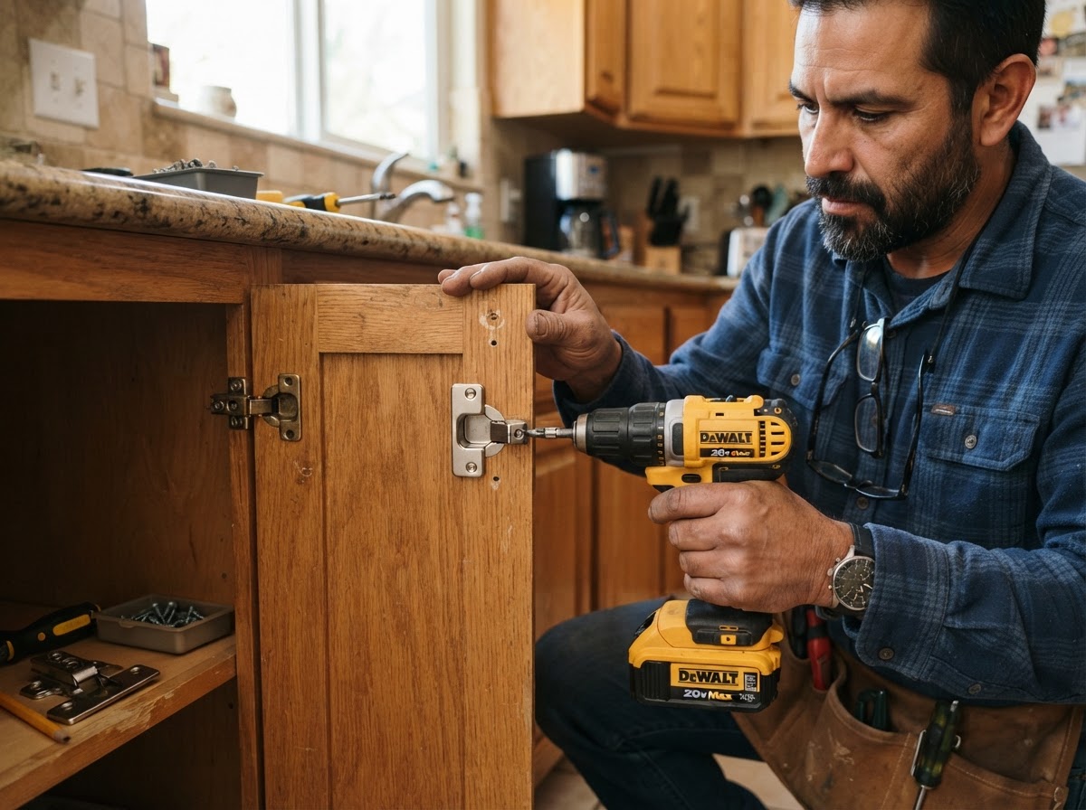 Cabinet repair work in an El Monte home with carpenter repairing cabinet doors and hinges on existing cabinetry