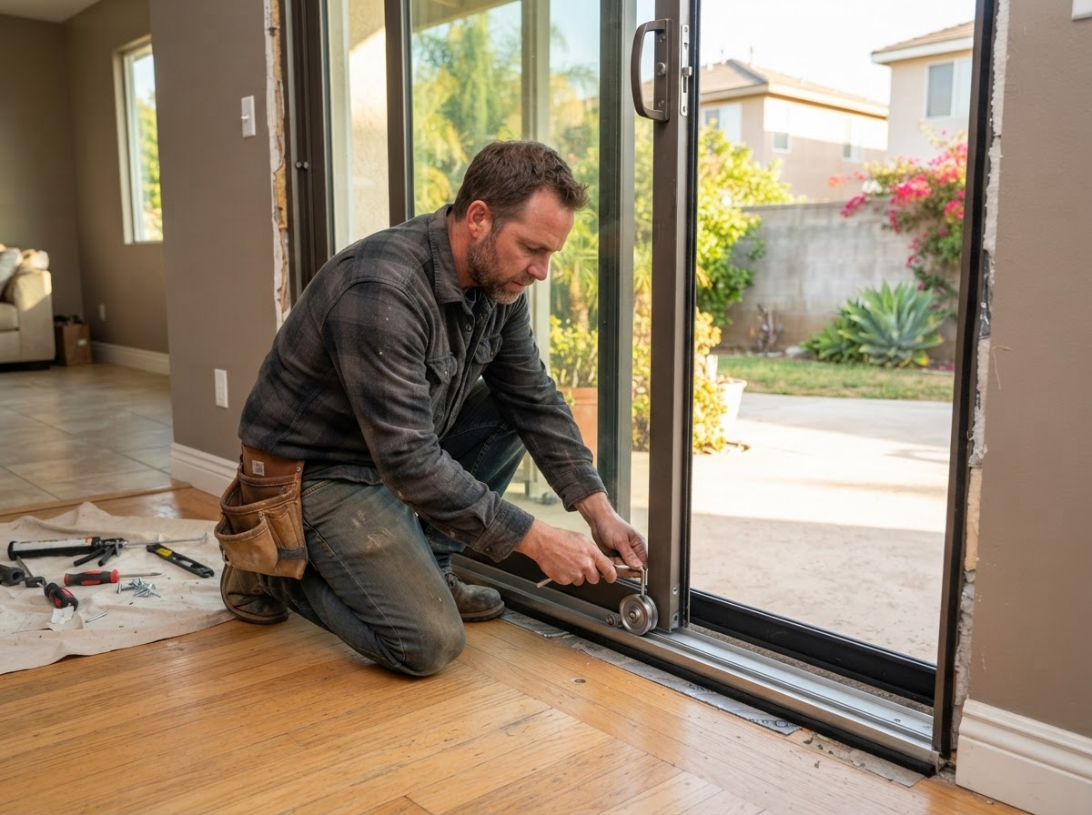 Sliding patio door installation with carpenter adjusting rollers and track
