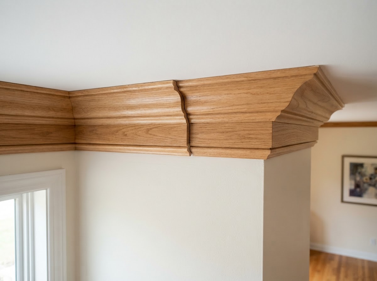 Crown molding installation with cope joints at inside corners and miter joints at outside corners