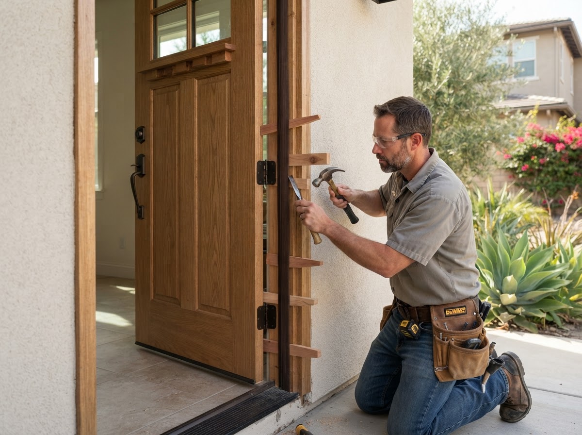 Carpenter installing a residential door and window system in a Southern California home