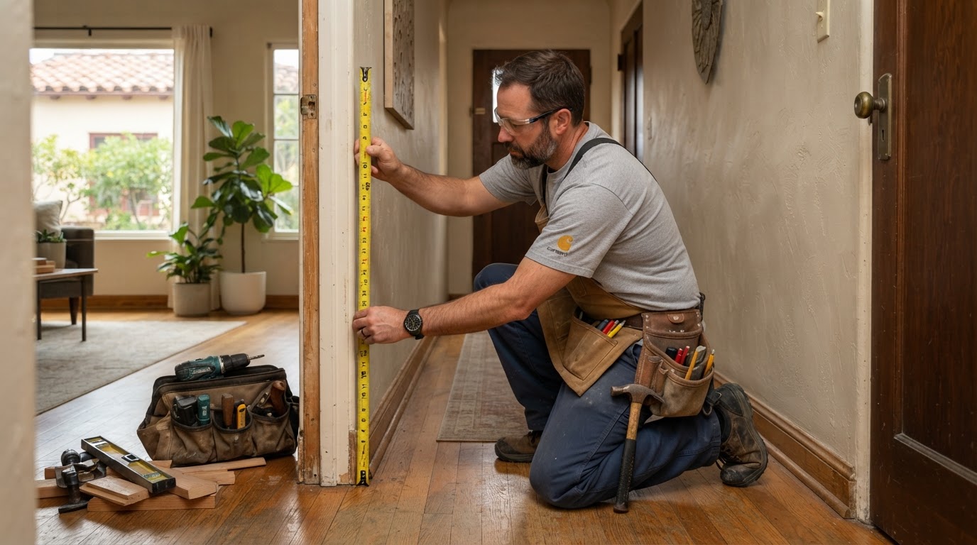 Carpenter matching and installing trim in an older established Monrovia home