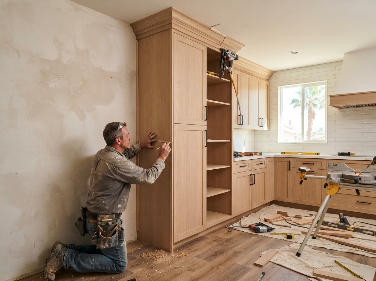 Tall pantry cabinet installation with scribe strips and crown trim in a residential kitchen