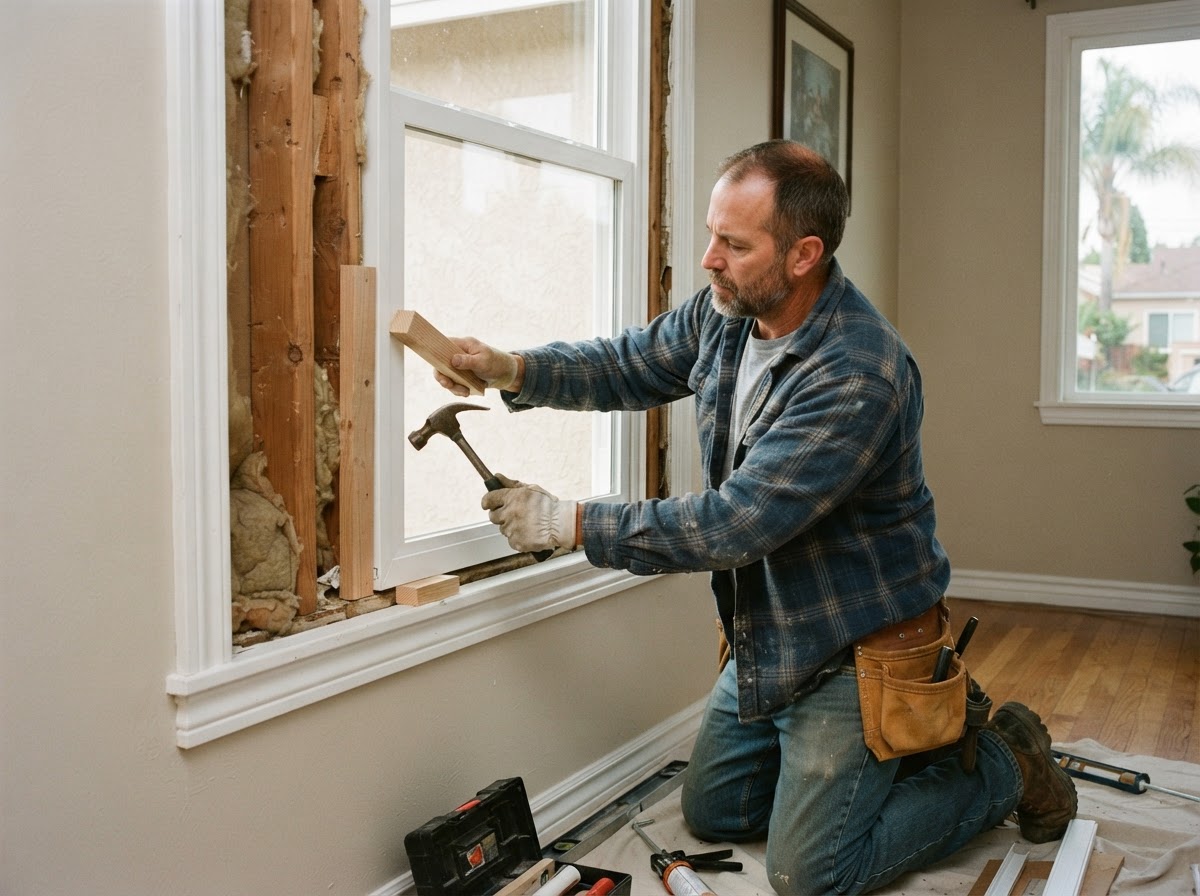 Replacement window installation in an El Monte home with carpenter shimming a vinyl retrofit window into the rough opening