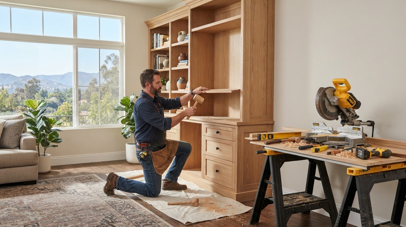 Carpenter completing custom finish work in an Arcadia area home near the San Gabriel Mountains foothills