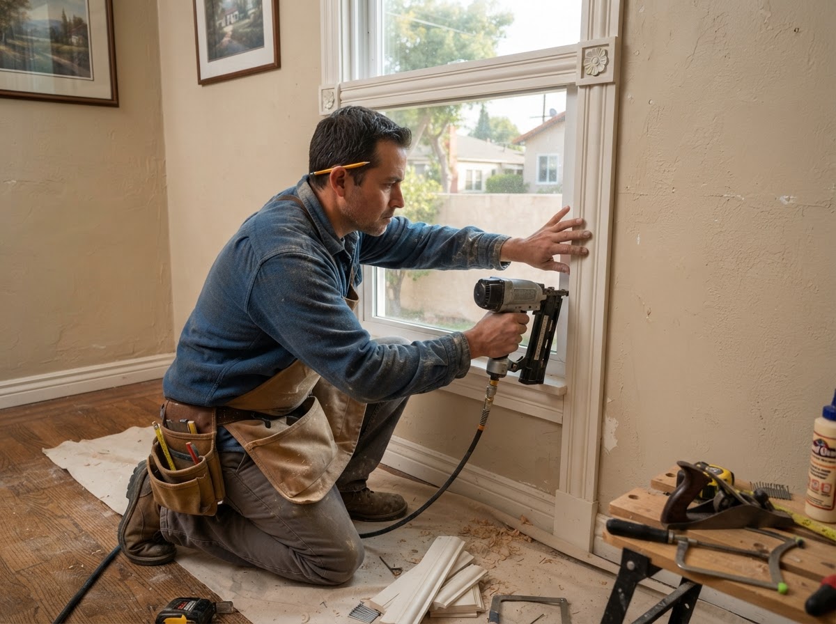 Window casing installation with carpenter fitting casing around a window with miter joints and rosette detail