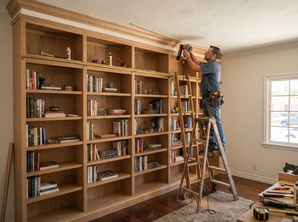 Bookcase with lower cabinets and open upper shelving with adjustable shelves fitted to a wall