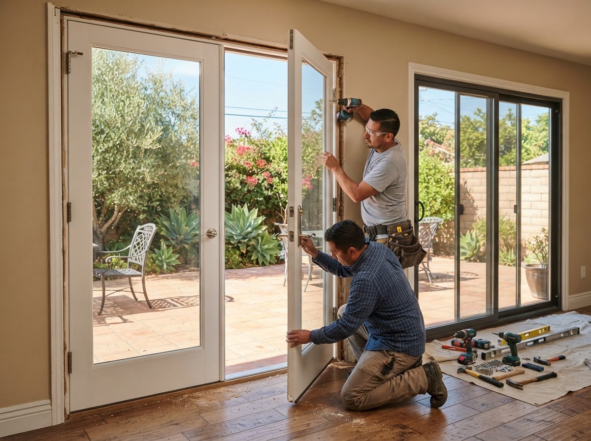 French and patio door installation with dual panels, hinges, and threshold in an El Monte home