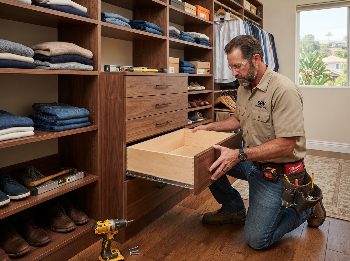 Walk-in closet cabinetry with drawer boxes, shoe shelves, and hanging rods installed in a custom closet