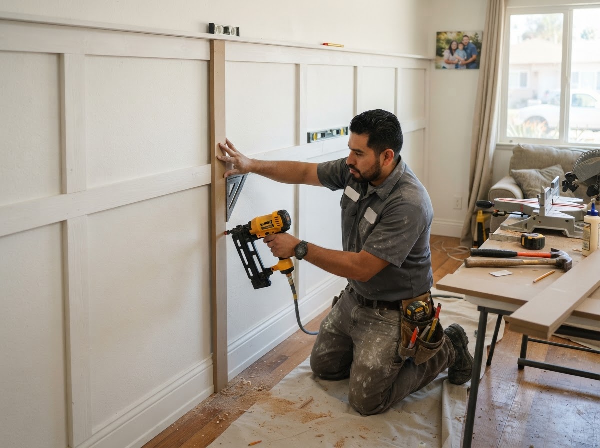 Board-and-batten wall trim installation with carpenter fitting vertical battens and rails on a wall