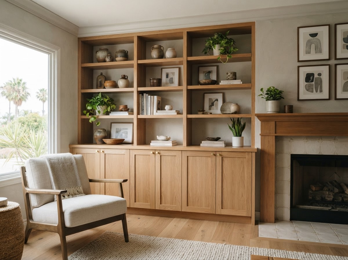 Custom built-in shelving and lower cabinets fitted to a living room wall