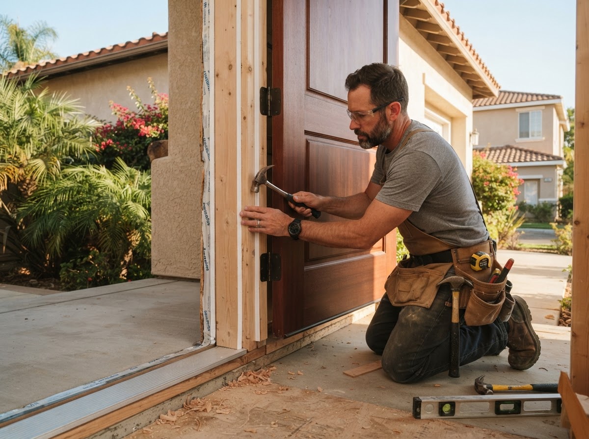 Exterior entry door installation with jamb, threshold, and weatherstripping in an El Monte home