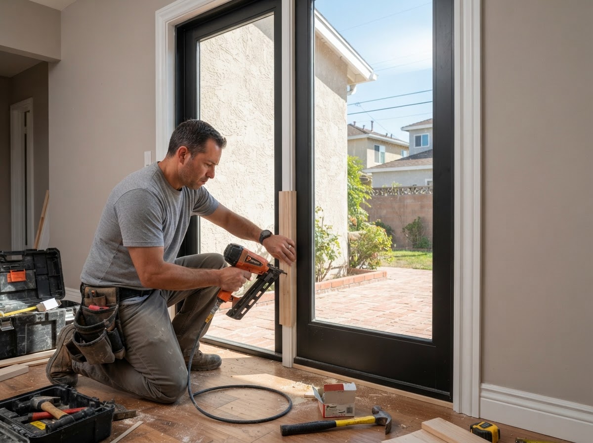 Interior and exterior trim and casing installed around a patio door