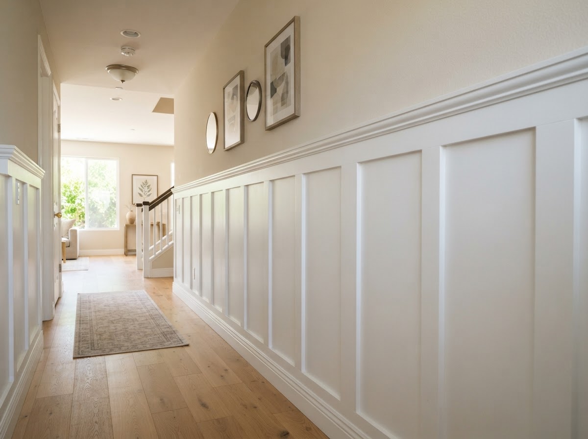 Wainscoting and decorative wall paneling in a Temple City hallway