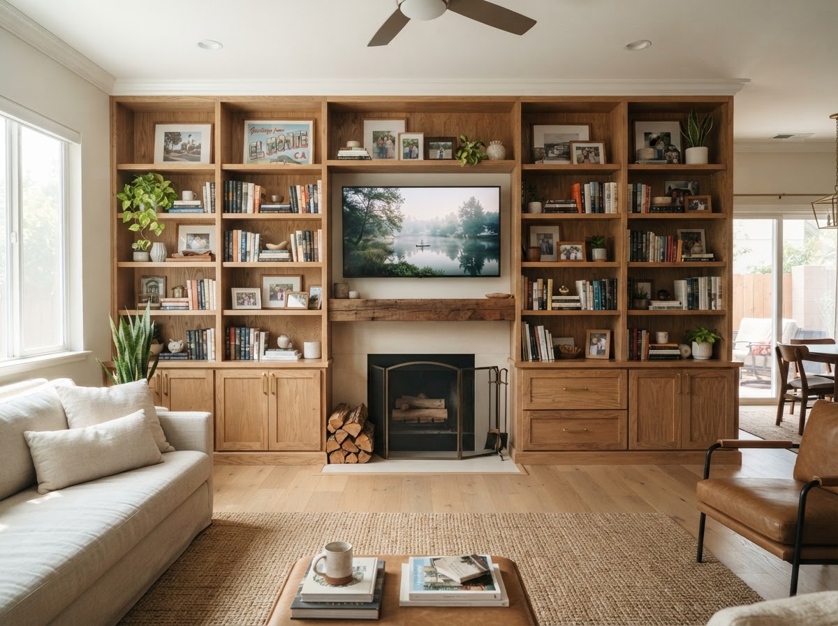 Carpenter scribing and securing a floor-to-ceiling built-in against an uneven wall with scribe strips