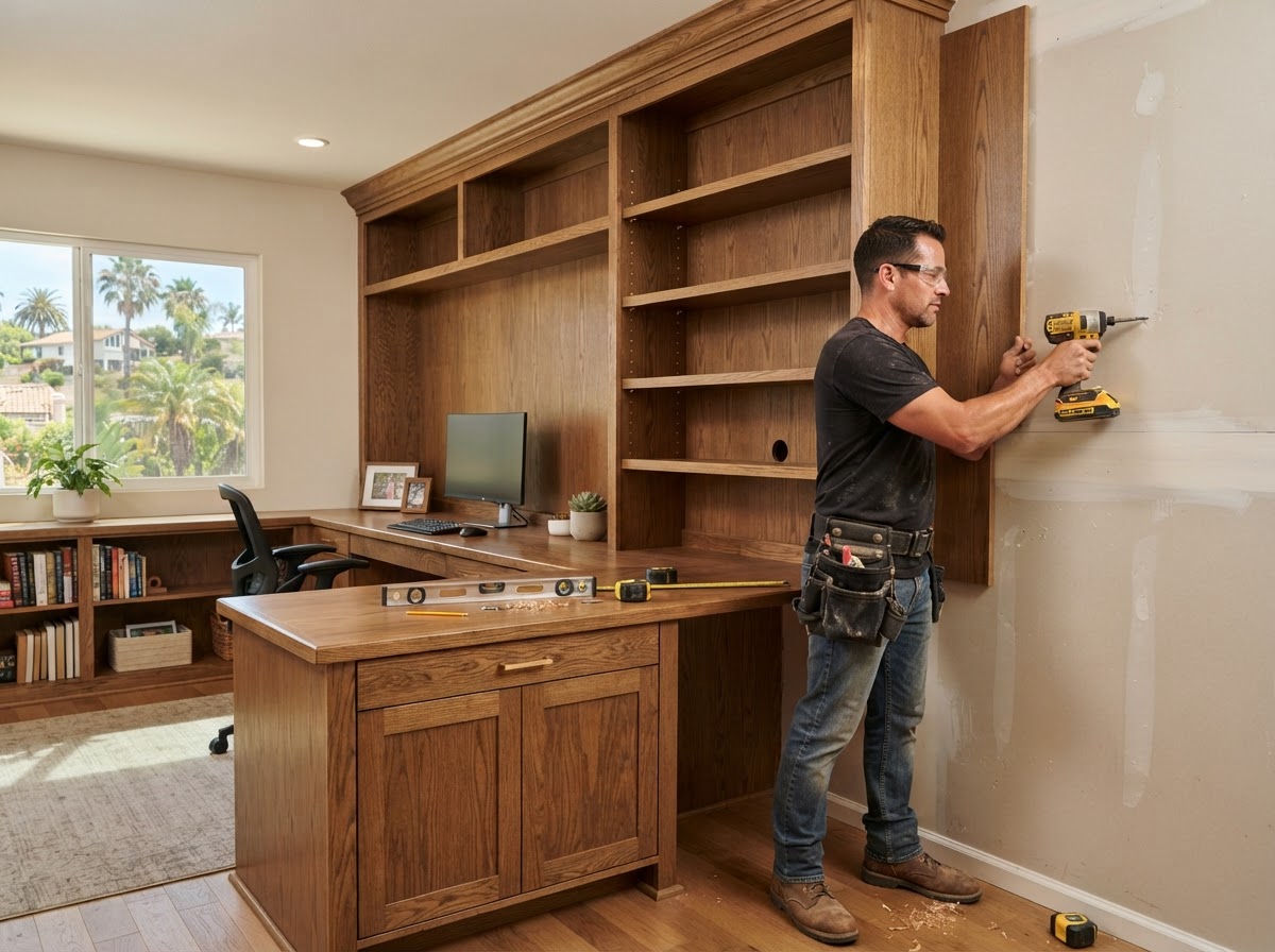 Fireplace-surround built-in cabinetry flanking a fireplace with shelving and lower cabinets