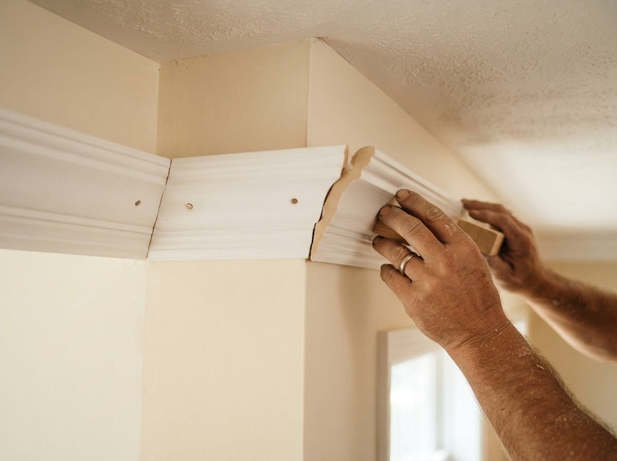 Detailed crown molding installation in a residential room
