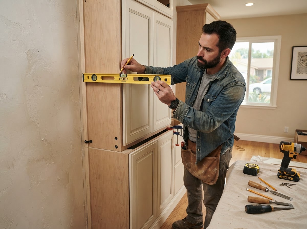 Carpenter measuring and aligning custom cabinets for a West Covina project