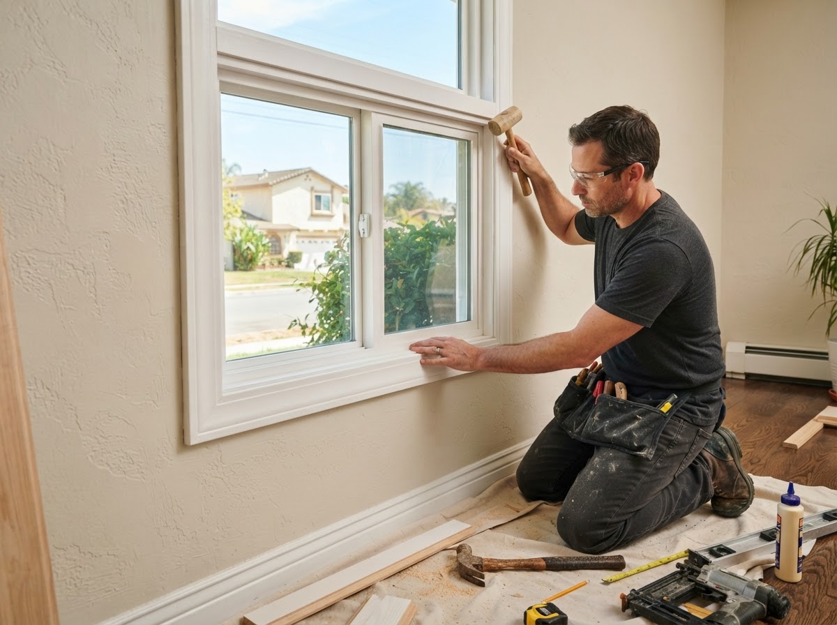 Window trim and casing installation with carpenter fitting interior casing around a replacement window
