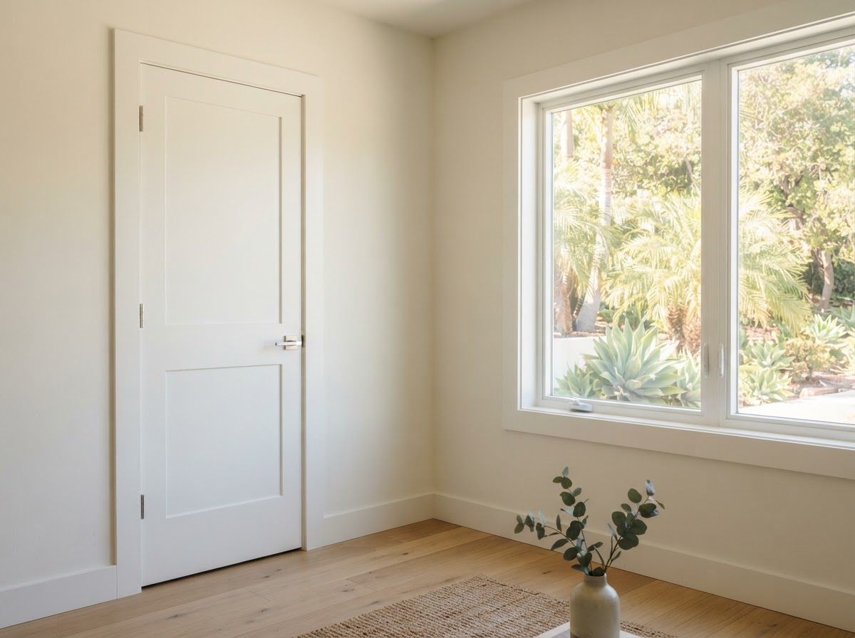 Door and window casing trim detail in a Temple City home during finish carpentry