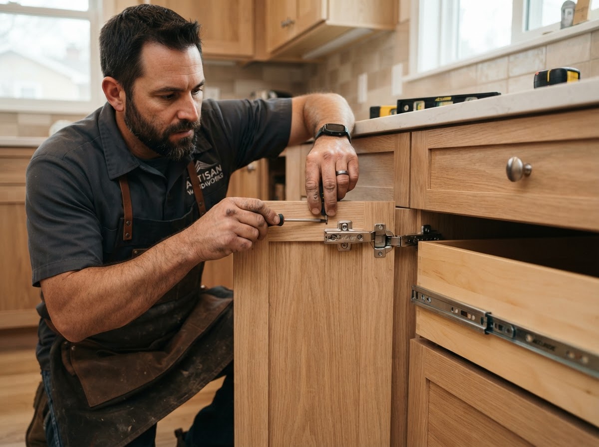Carpenter aligning cabinet doors and soft-close hardware