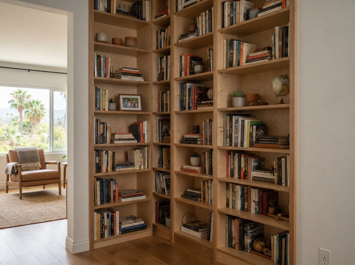 Custom bookcase with adjustable shelves fitted to a Rosemead room