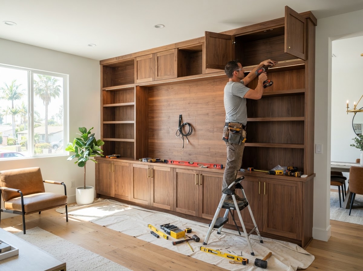 TV niche and equipment storage built-in fitted around a television with ventilation and cable access