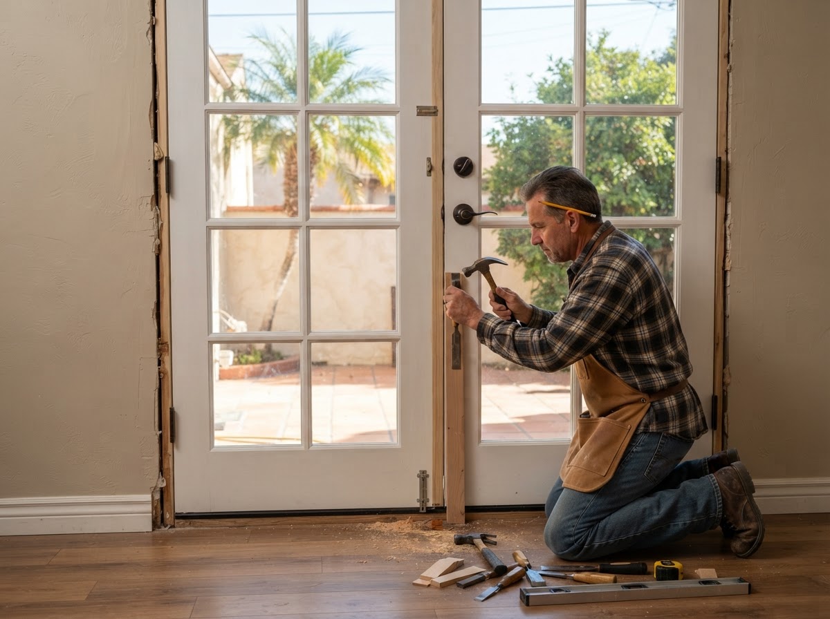 French door installation in an El Monte home with double doors, glass panels, astragal and flush bolts visible