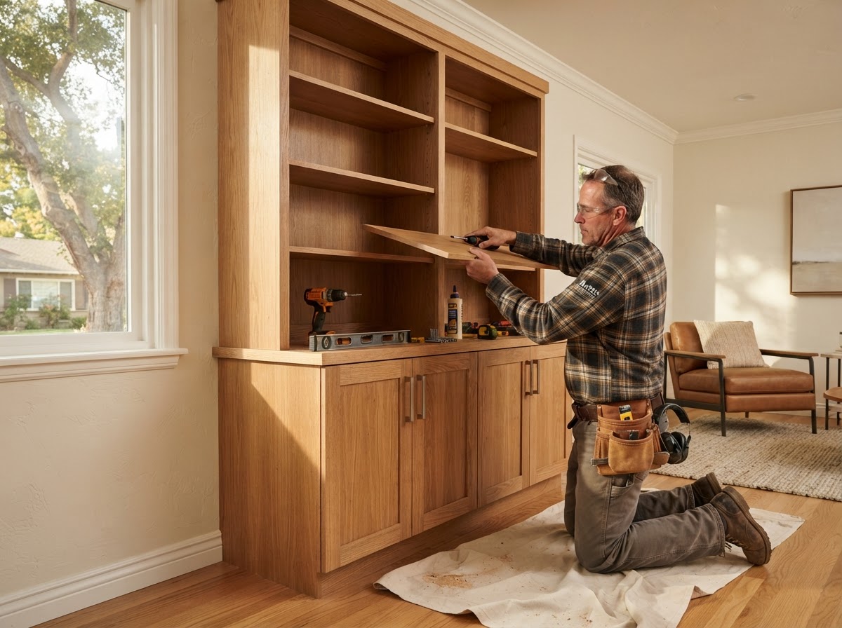 Custom built-in shelving and bookcases in an El Monte home with open adjustable shelving fitted to a wall