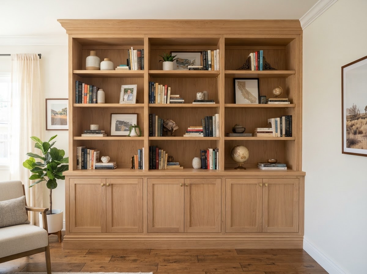 Custom built-in shelving fitted to a residential wall in El Monte