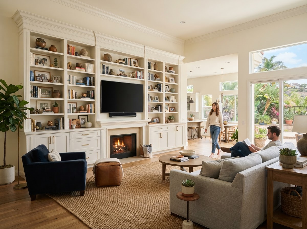 Full-wall built-in cabinetry in a larger Arcadia family room