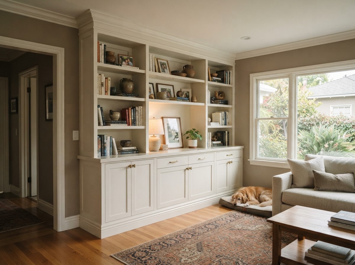Built-in cabinetry coordinating with existing interior trim in a San Gabriel home