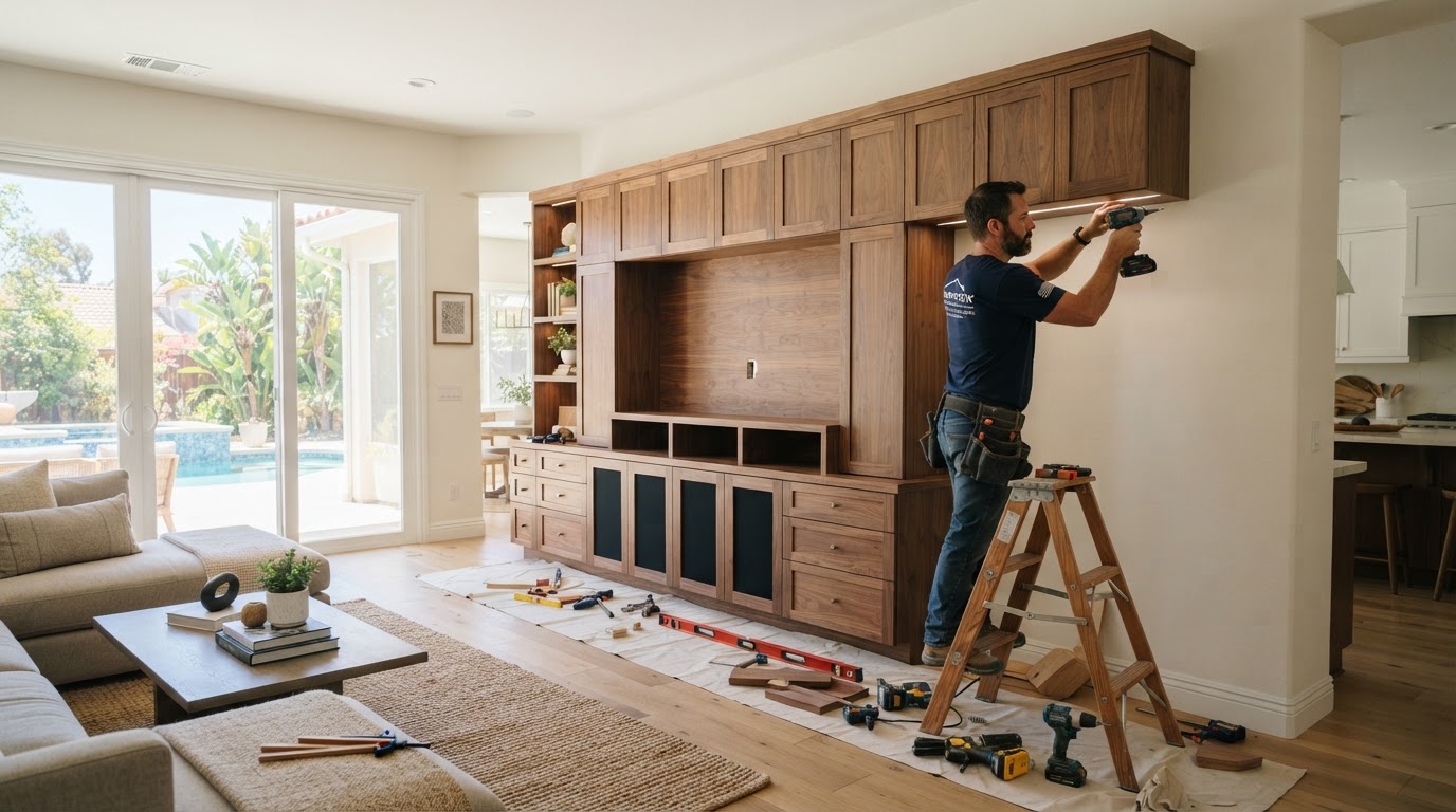 Built-in cabinetry and shelving for a family room and home office in West Covina