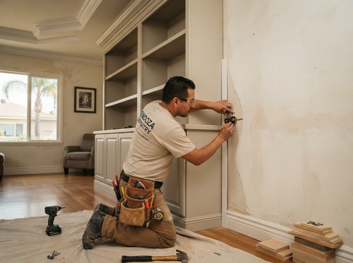 Home office built-in cabinetry with desk shelving, upper cabinets, and file storage fitted to a wall