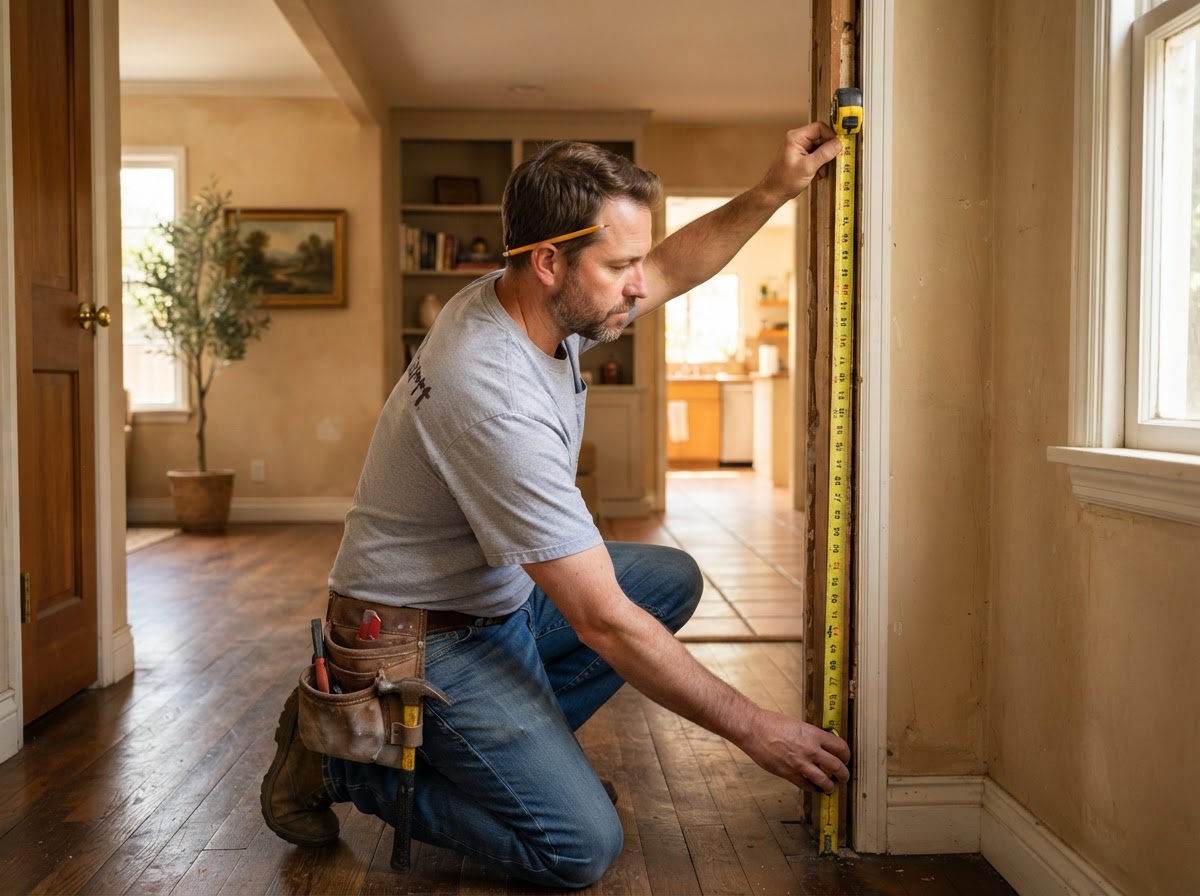 Carpenter measuring an existing opening for a Temple City project