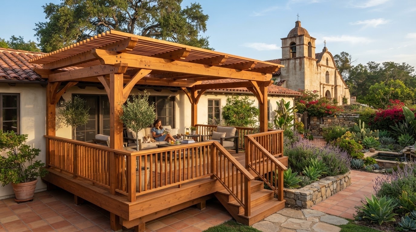 Backyard patio cover and deck carpentry in an established San Gabriel home