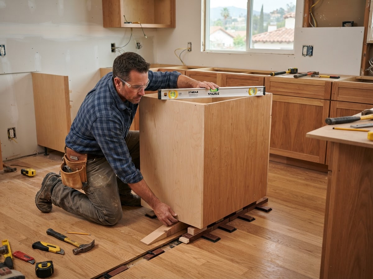 Cabinet installation with carpenter setting cabinet boxes level and plumb against a kitchen wall