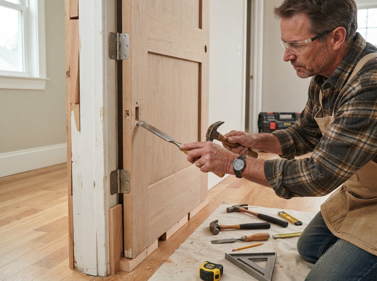 Carpenter fitting an interior door and casing in an El Monte home