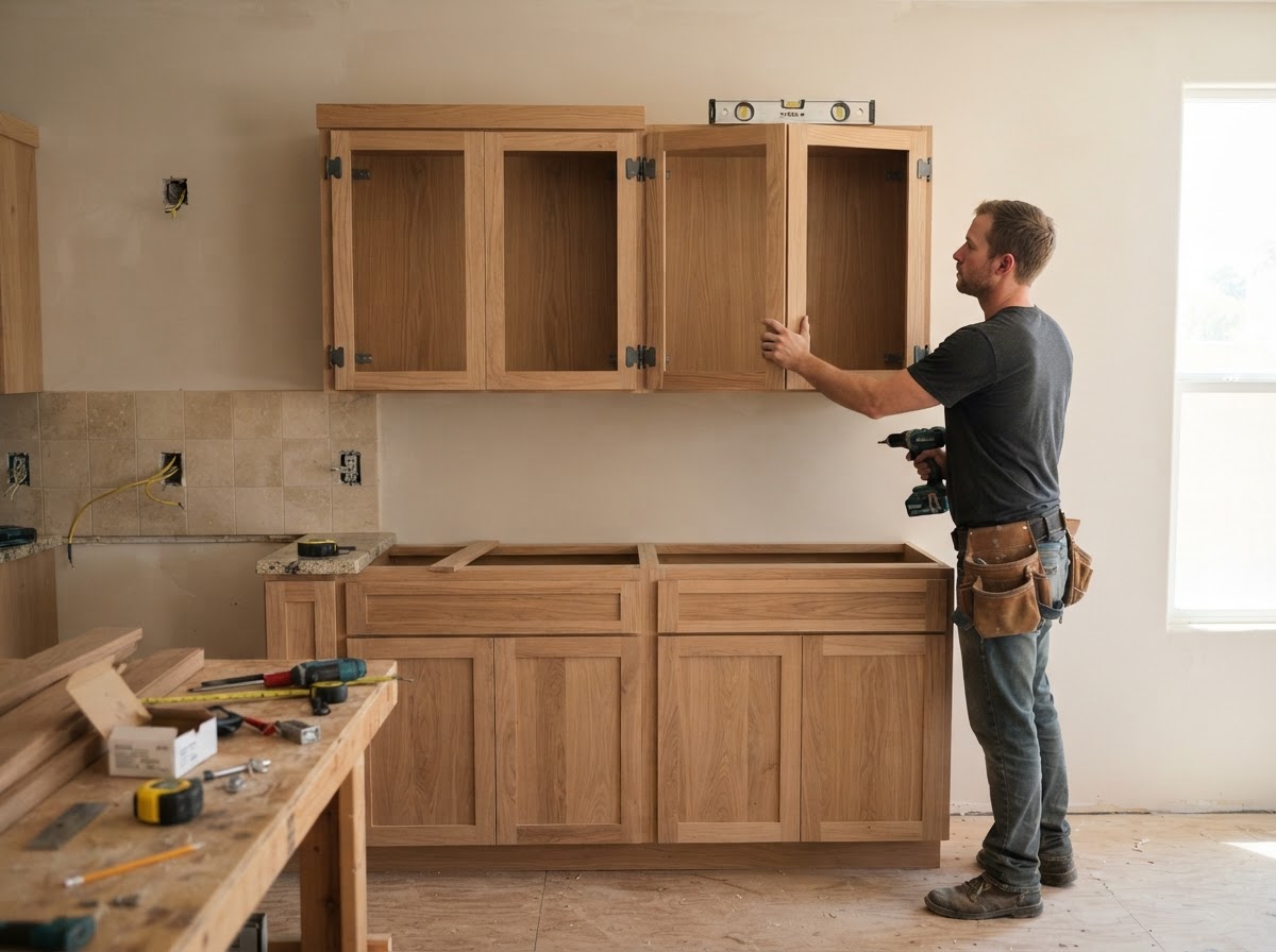 Custom kitchen cabinets fitted and aligned during installation