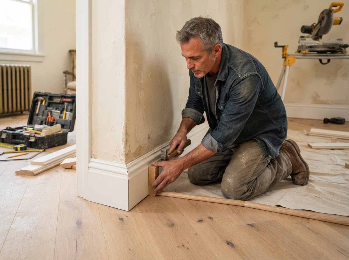 Baseboard installation after flooring replacement in a Temple City home