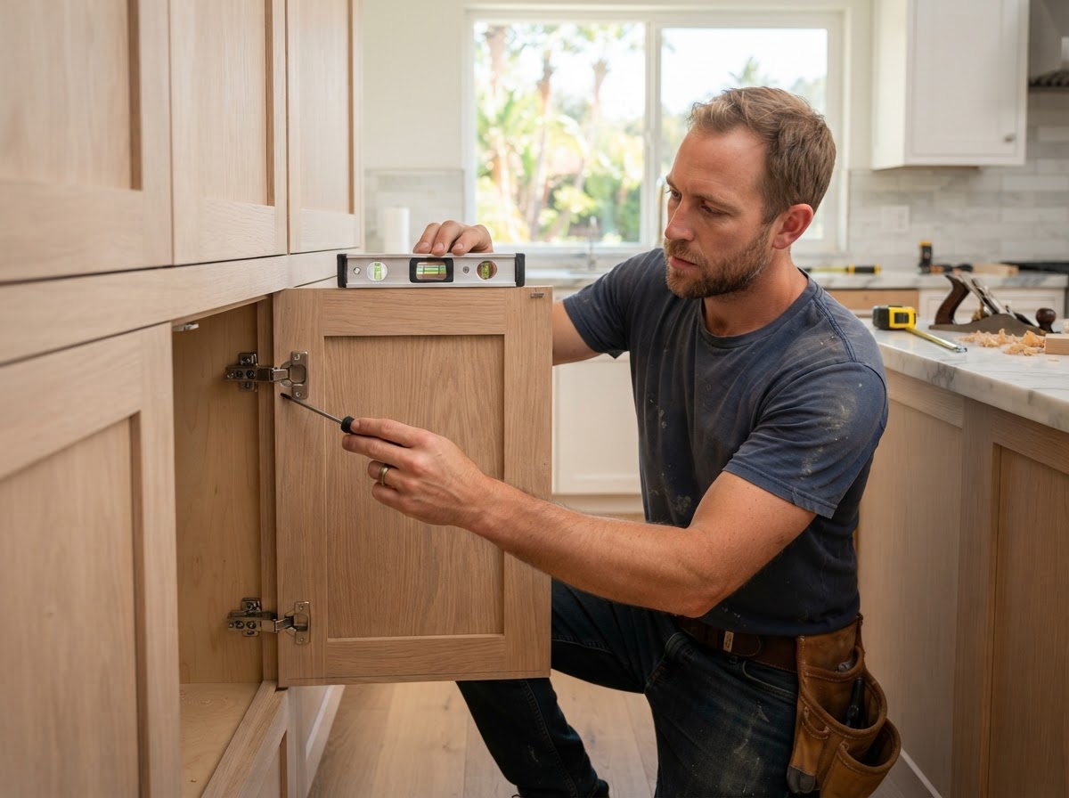 Carpenter measuring and aligning custom cabinets for an Arcadia project